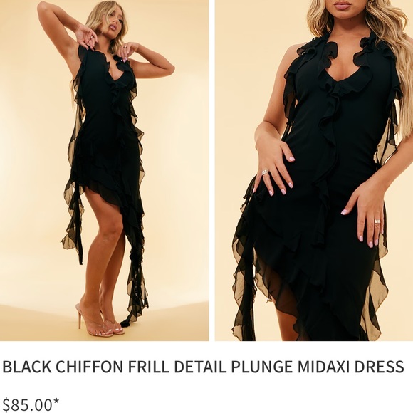 BRAND NEW PRETTY LITTLE THING BLACK PLUNGE FRILL CHIFFON DRESS - Picture 2 of 4